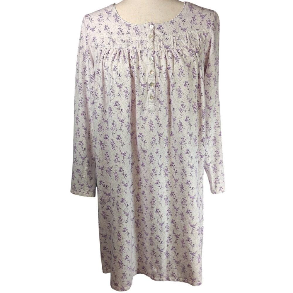 Eileen West Purple Floral White 3/4 Sleeve 100% Cotton Nightgown Small